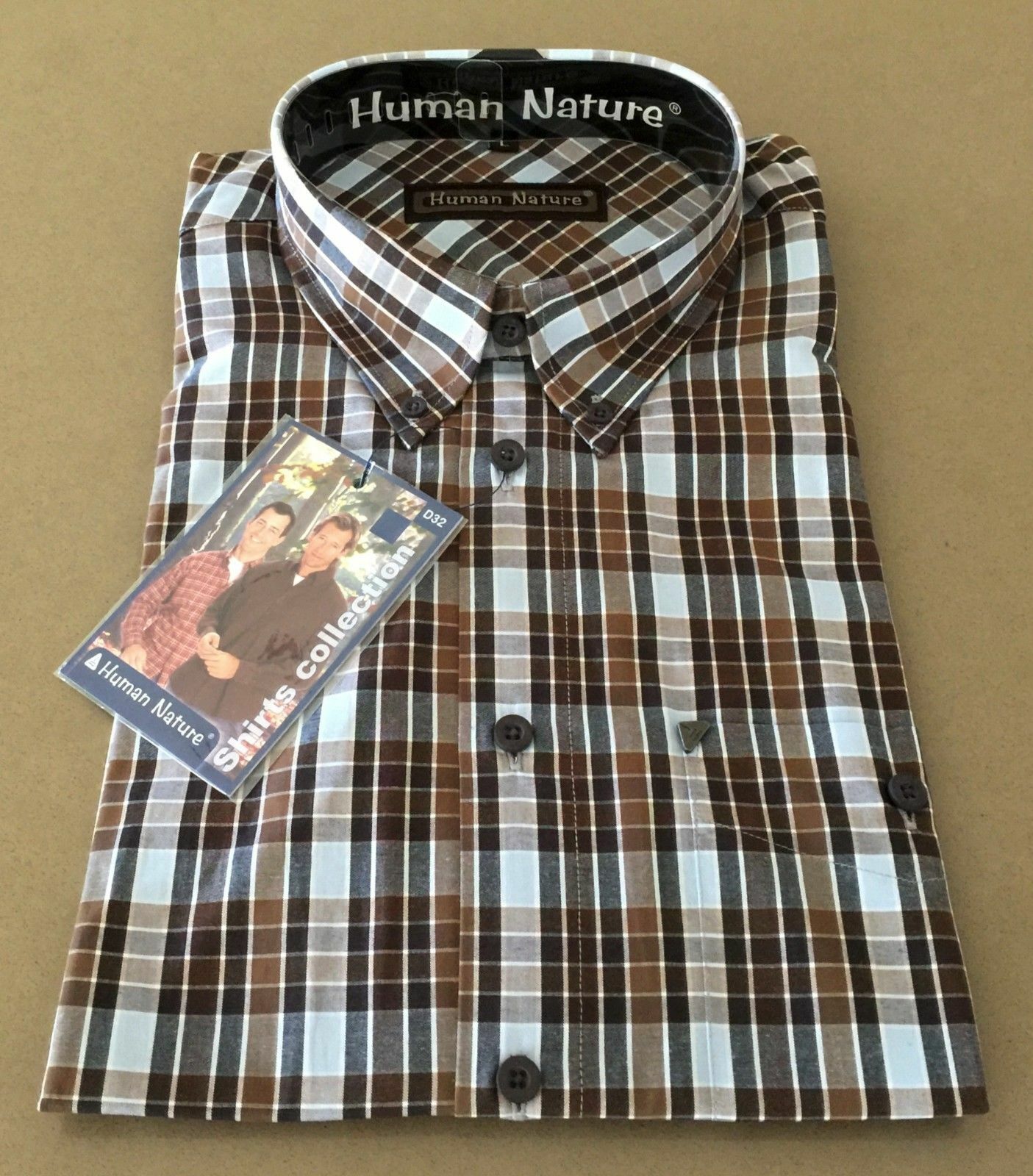 Mens HUMAN NATURE Check Shirt Long Sleeve Brown Blue Button Up Size L 52cm NEW