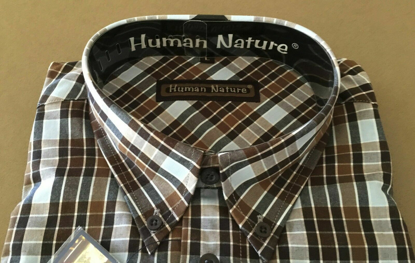 Mens HUMAN NATURE Check Shirt Long Sleeve Brown Blue Button Up Size L 52cm NEW