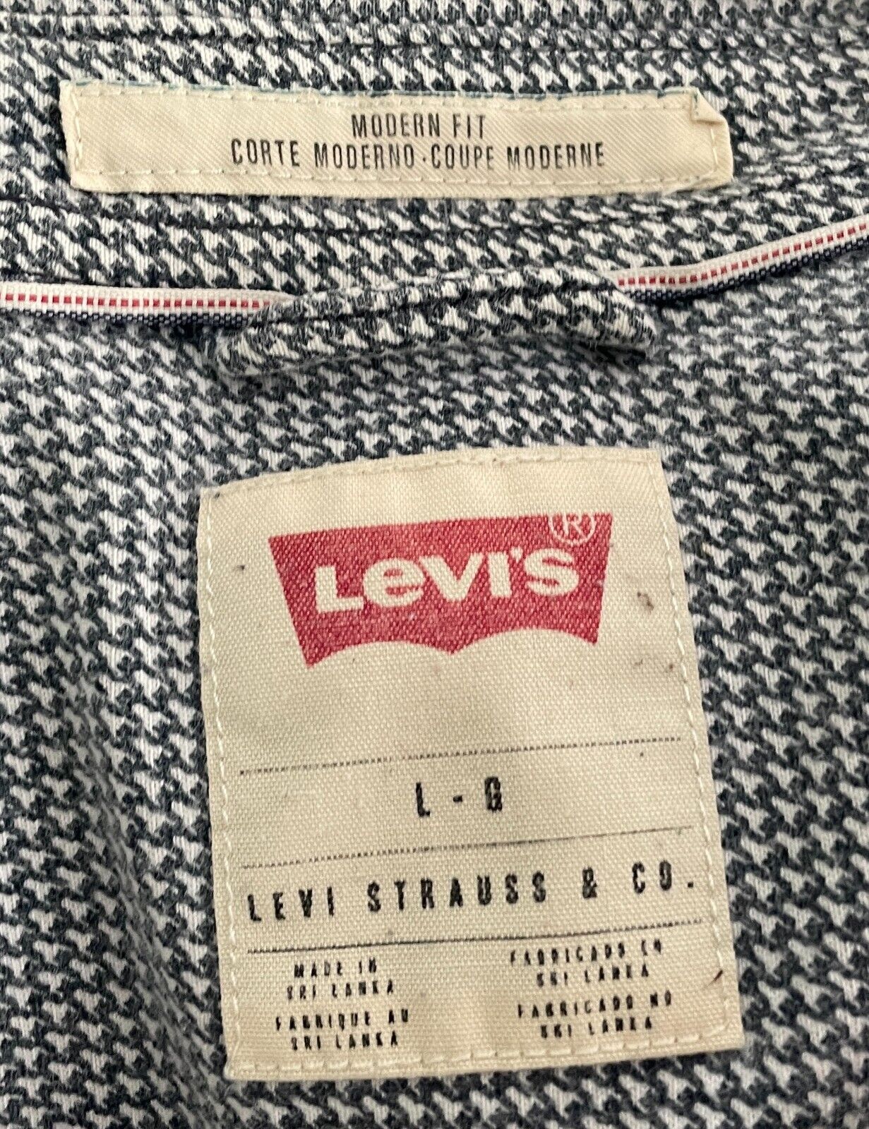 Mens LEVI'S Shirt Navy & White Houndstooth Print Long Sleeve Button Up Size L