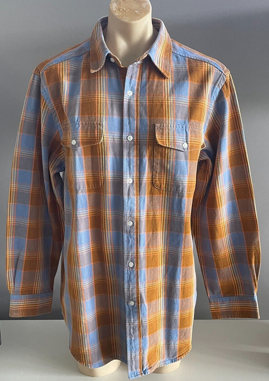 Mens BDg Vintage Wash Shirt Blue Orange Yellow Plaid Check Long Sleeve Size L