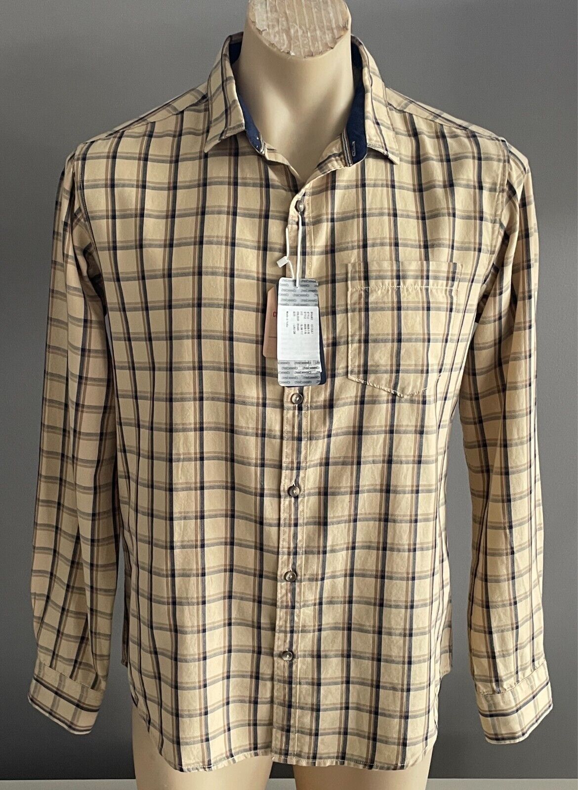DEEDAT Checks & Plaids Long Sleeve Shirt Size L Beige Khaki Navy Slim Fit NEW