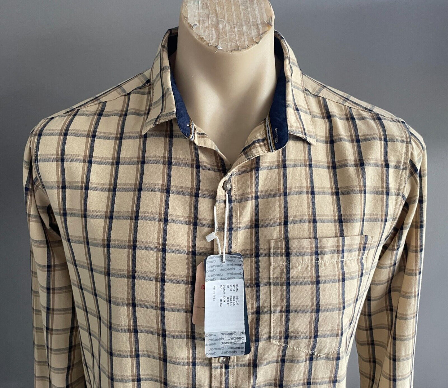 DEEDAT Checks & Plaids Long Sleeve Shirt Size L Beige Khaki Navy Slim Fit NEW