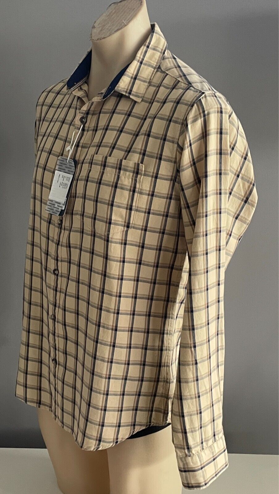 DEEDAT Checks & Plaids Long Sleeve Shirt Size L Beige Khaki Navy Slim Fit NEW