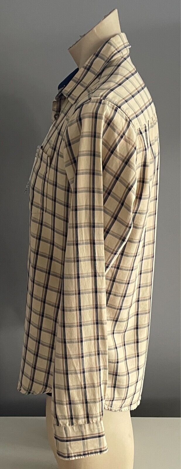 DEEDAT Checks & Plaids Long Sleeve Shirt Size L Beige Khaki Navy Slim Fit NEW