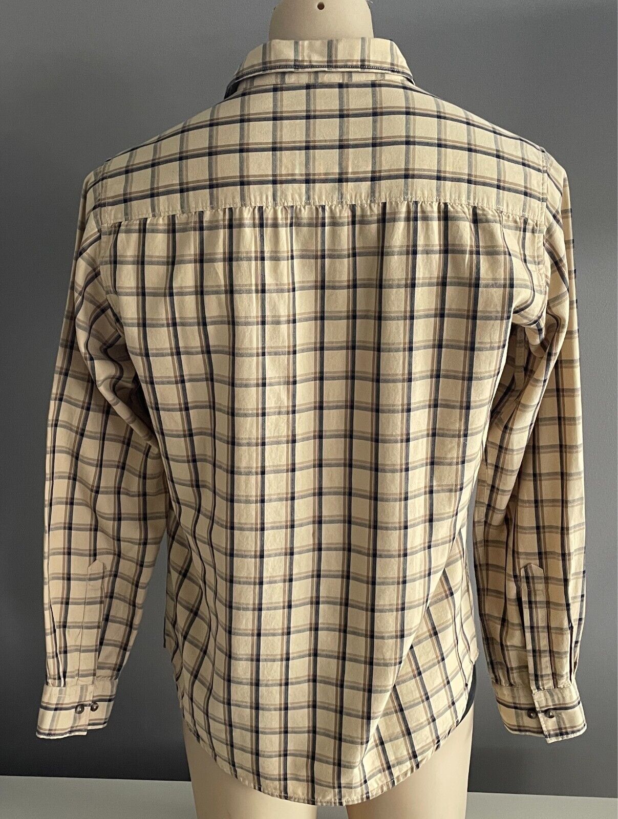 DEEDAT Checks & Plaids Long Sleeve Shirt Size L Beige Khaki Navy Slim Fit NEW