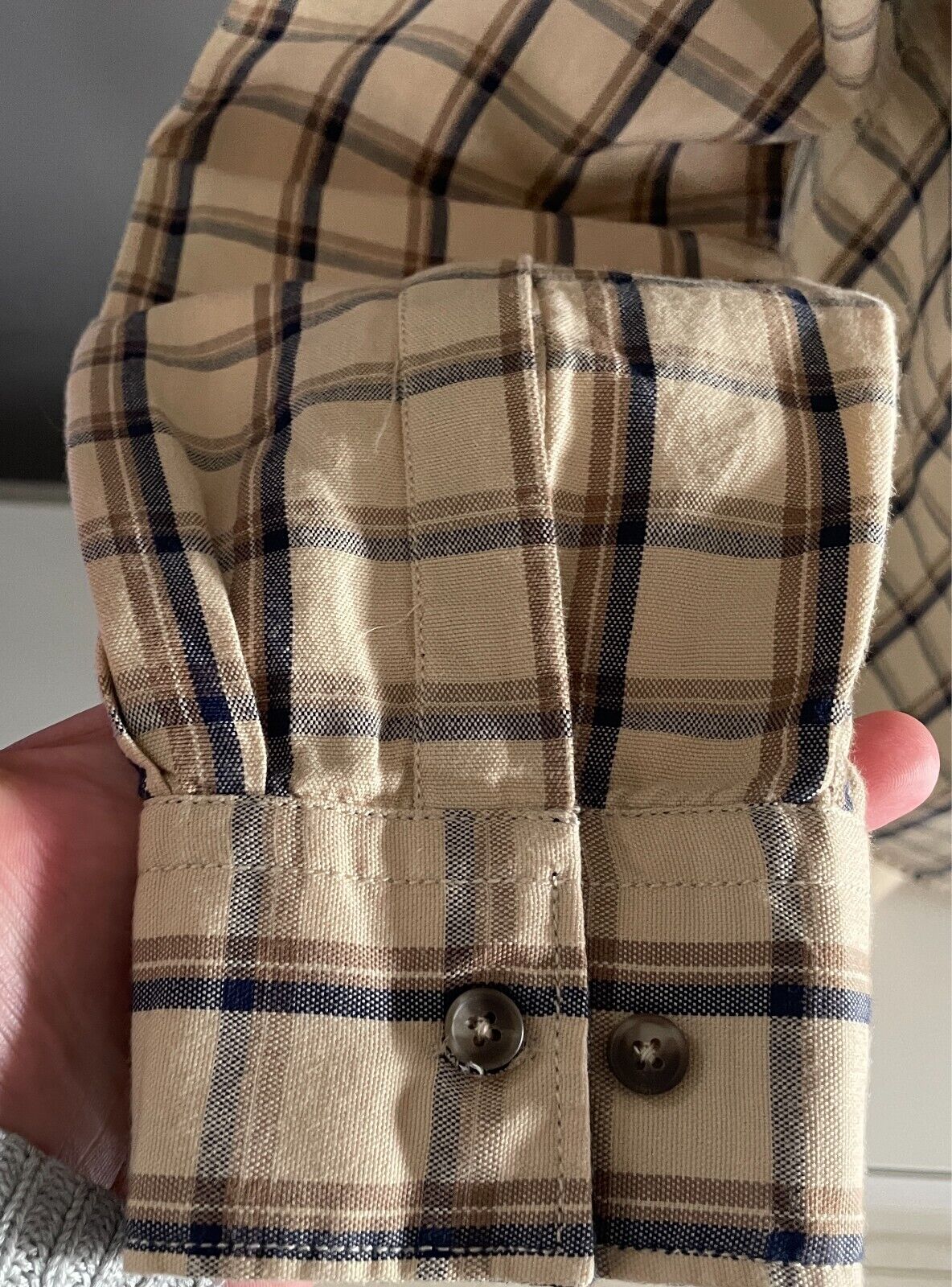 DEEDAT Checks & Plaids Long Sleeve Shirt Size L Beige Khaki Navy Slim Fit NEW