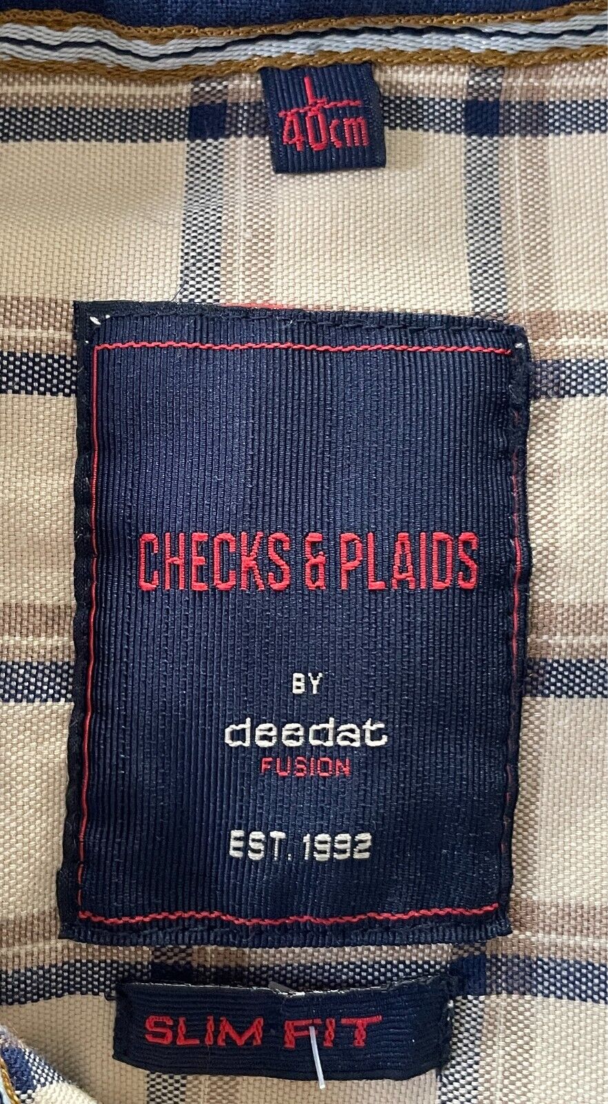 DEEDAT Checks & Plaids Long Sleeve Shirt Size L Beige Khaki Navy Slim Fit NEW