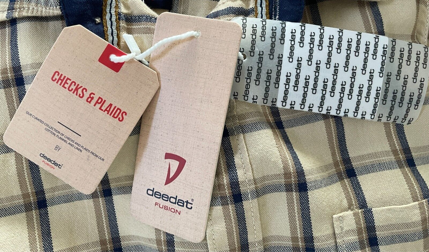 DEEDAT Checks & Plaids Long Sleeve Shirt Size L Beige Khaki Navy Slim Fit NEW