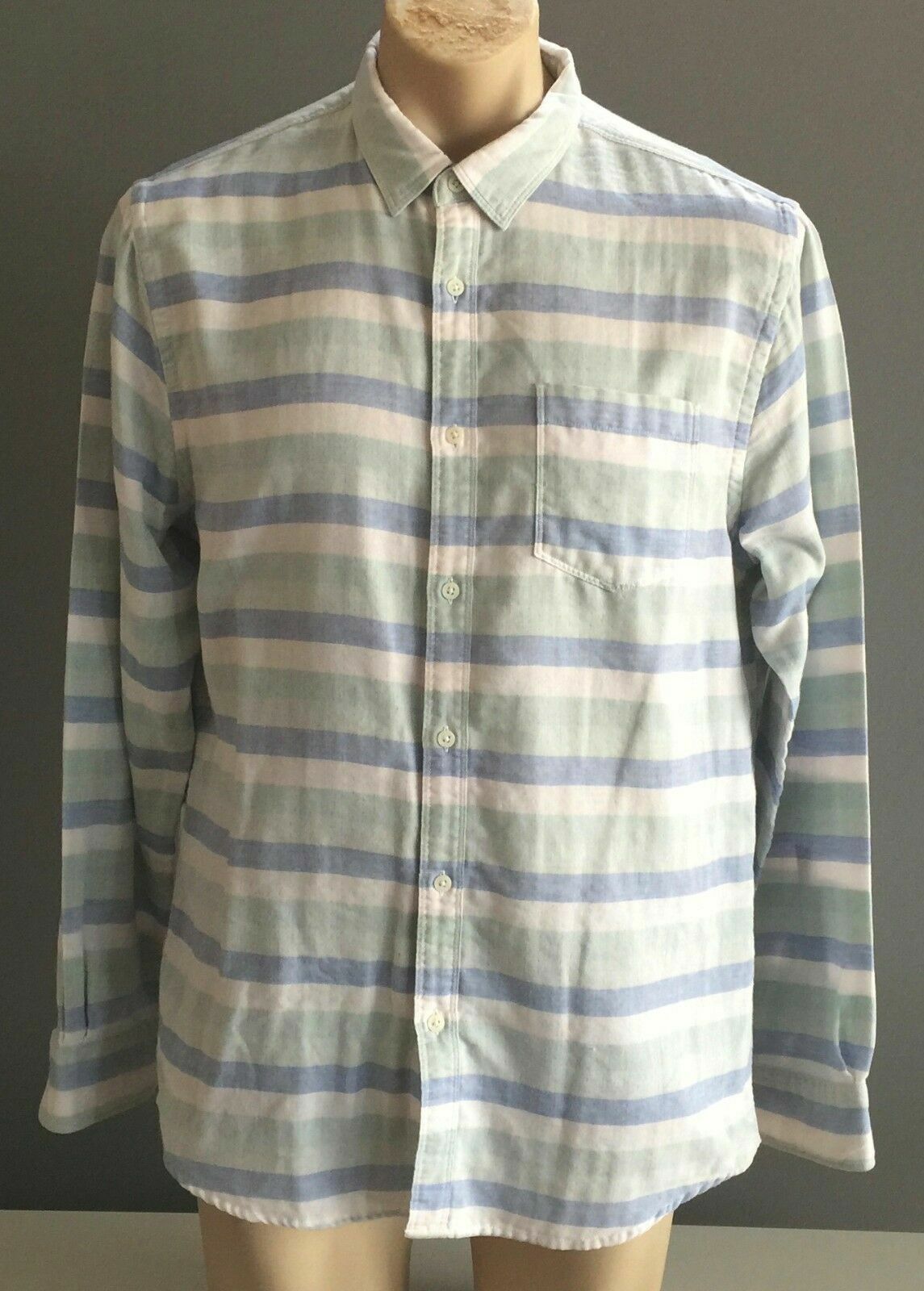 Mens COUNTRY ROAD Check Shirt Long Sleeve Green White & Blue Stripe Size L 43