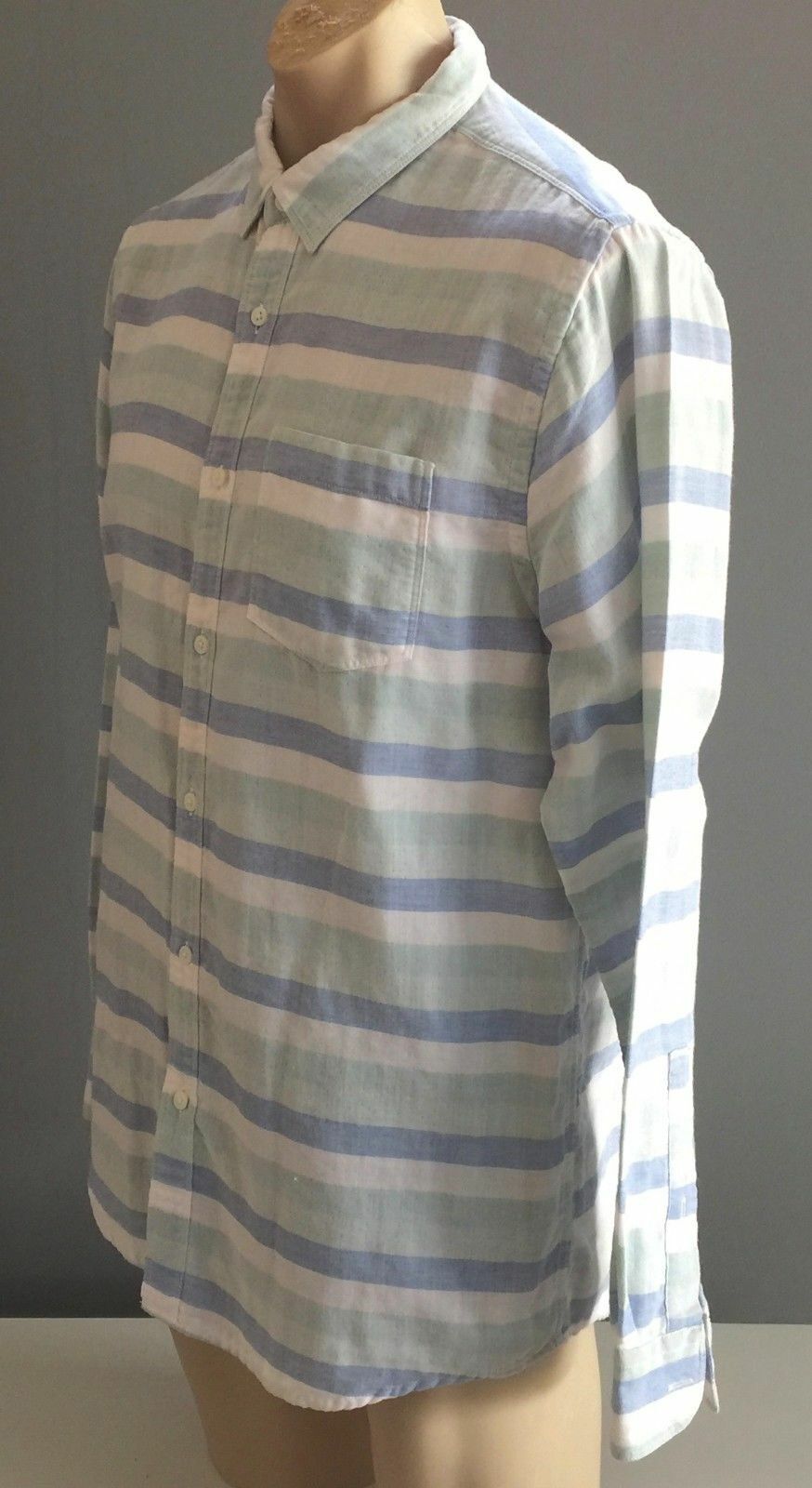 Mens COUNTRY ROAD Check Shirt Long Sleeve Green White & Blue Stripe Size L 43