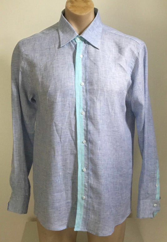 Mens VANITY Clothing Linen Shirt Long Sleeve Blue & Mint Trim Size M NEW