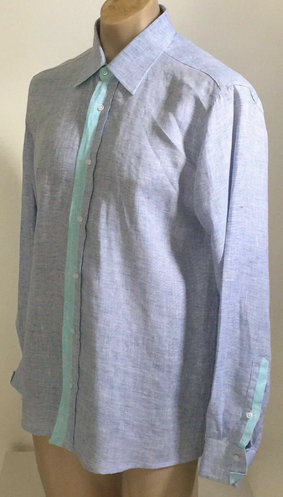 Mens VANITY Clothing Linen Shirt Long Sleeve Blue & Mint Trim Size M NEW