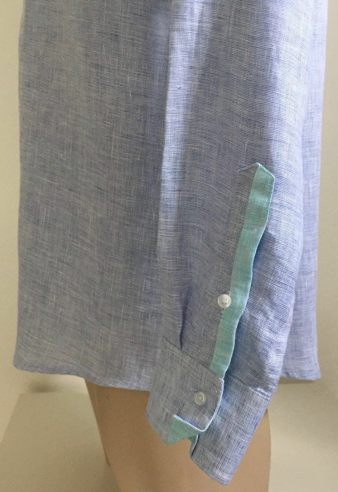 Mens VANITY Clothing Linen Shirt Long Sleeve Blue & Mint Trim Size M NEW