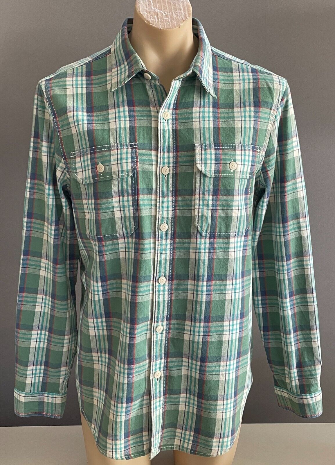 Mens EDDY BAUER Check Shirt Classic Fit Green Blue Red White Plaid Long Sleeve M