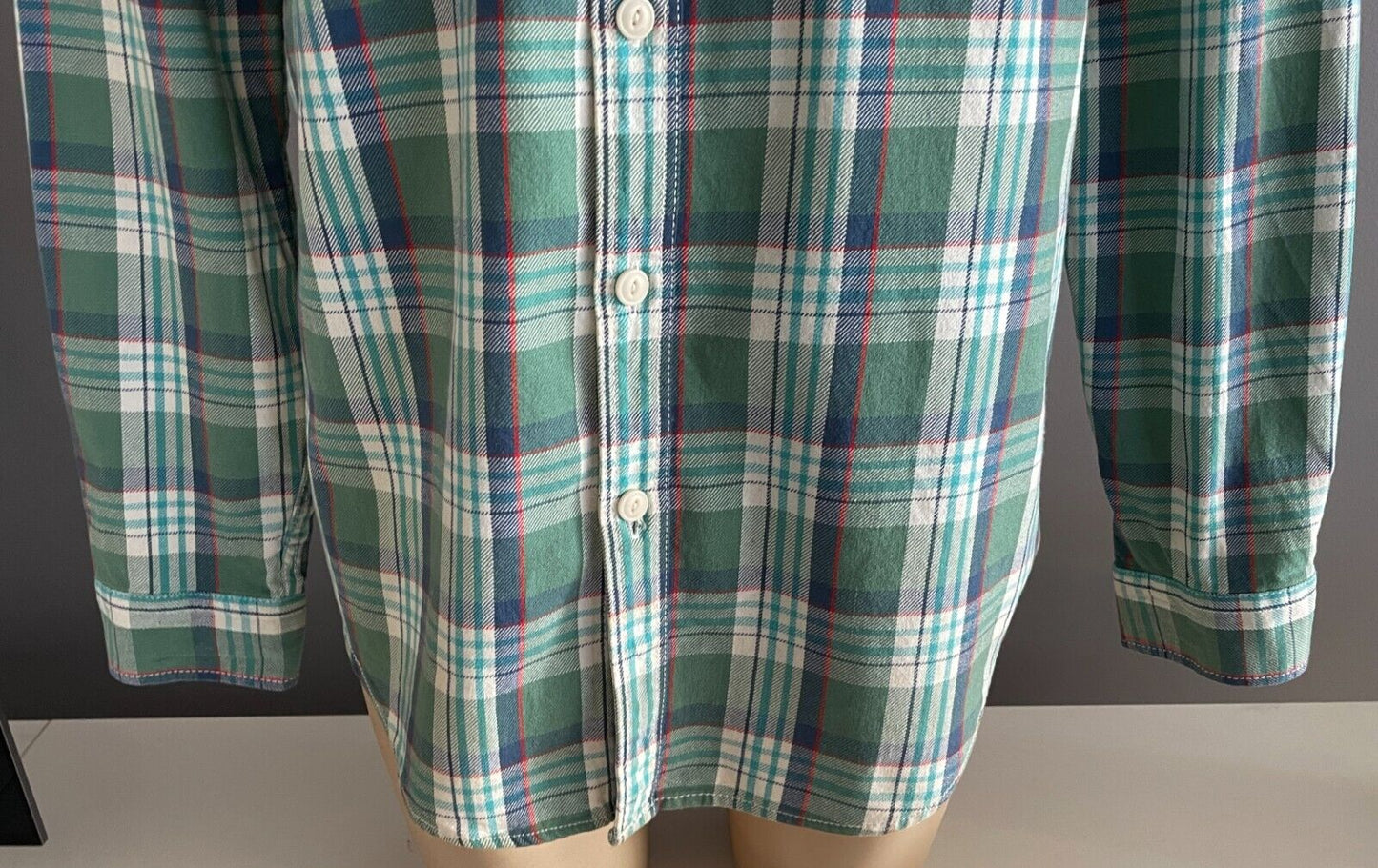 Mens EDDY BAUER Check Shirt Classic Fit Green Blue Red White Plaid Long Sleeve M