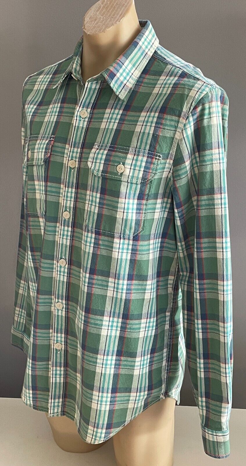 Mens EDDY BAUER Check Shirt Classic Fit Green Blue Red White Plaid Long Sleeve M