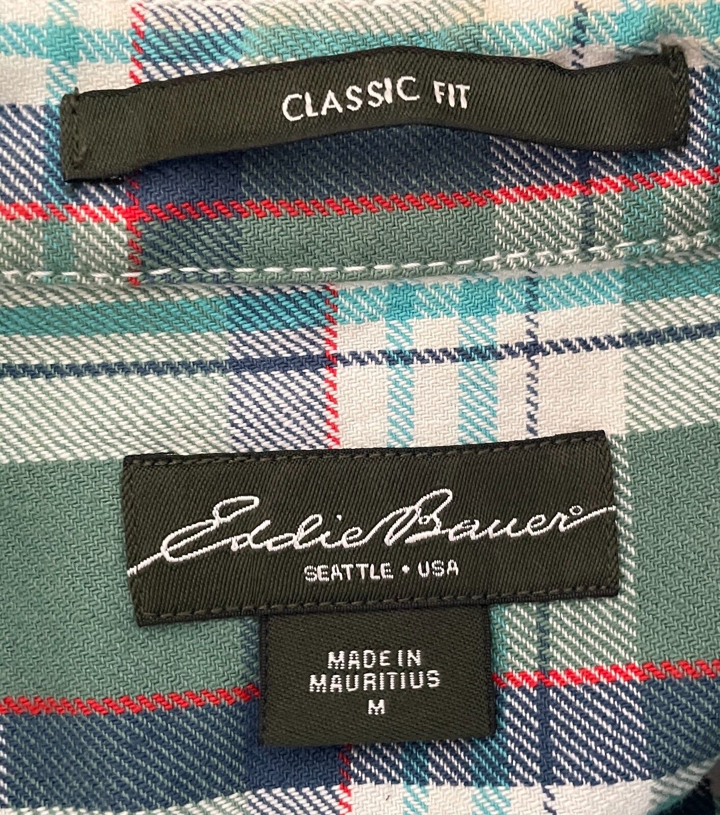 Mens EDDY BAUER Check Shirt Classic Fit Green Blue Red White Plaid Long Sleeve M