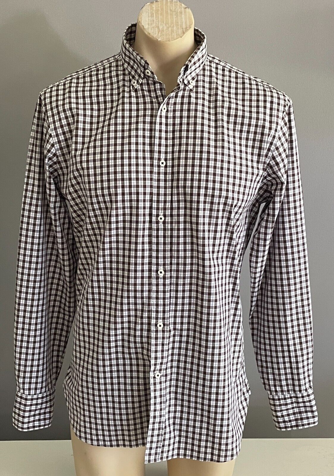 Mens MJ BALE Check Shirt Cuban L/Sleeve Brown White Blue Button Down Collar Sz M