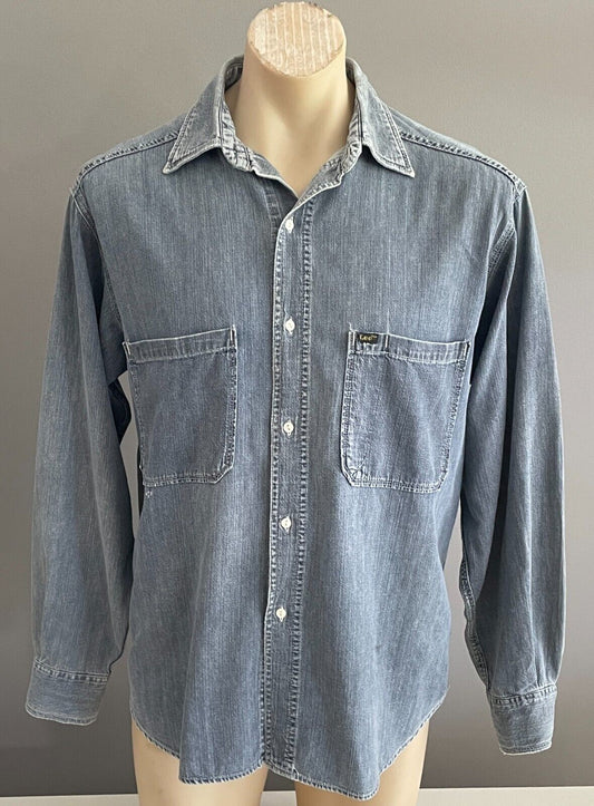LEE Blue Denim Shirt Long Sleeve Distressed Casual Cotton Mens Size S