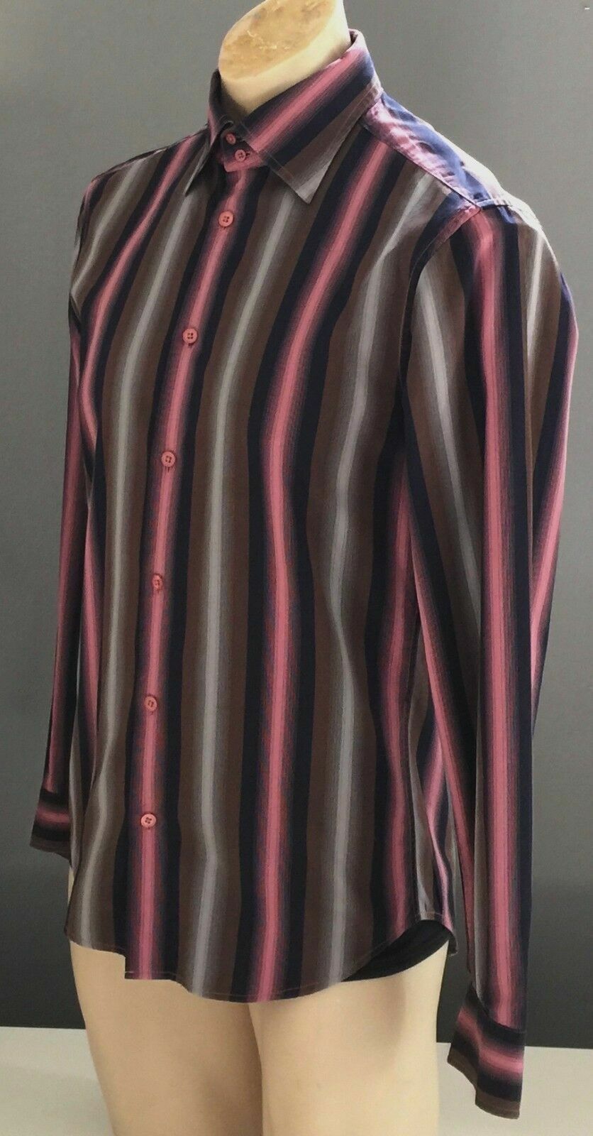 Mens ARMANI EXCHANGE Shirt Long Sleeve Button Pink Blue Grey Brown Stripe Size S