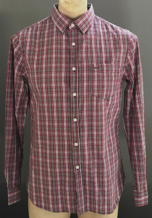 Mens COTTON ON Button Up Shirt Cotton Check Shirt Maroon Long Sleeve Size S