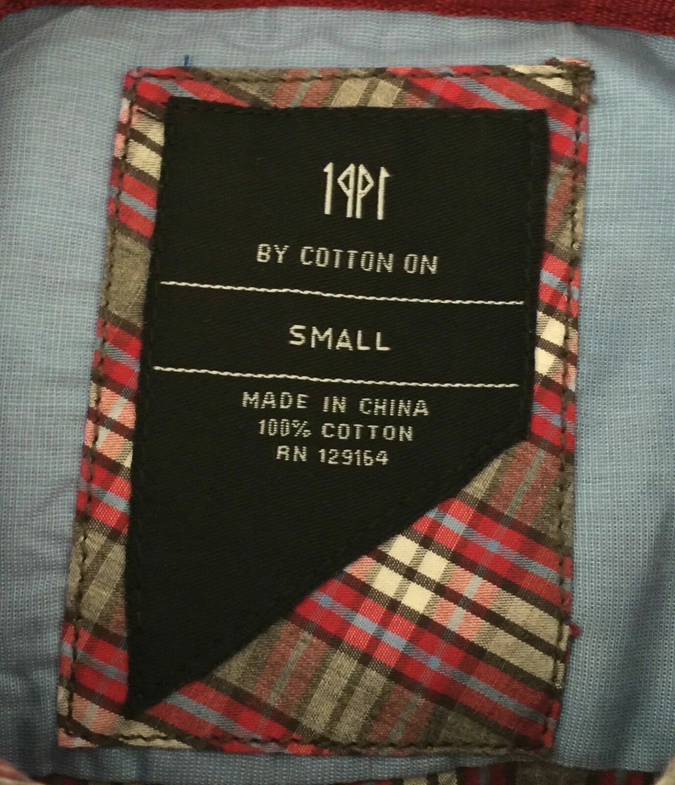 Mens COTTON ON Button Up Shirt Cotton Check Shirt Maroon Long Sleeve Size S