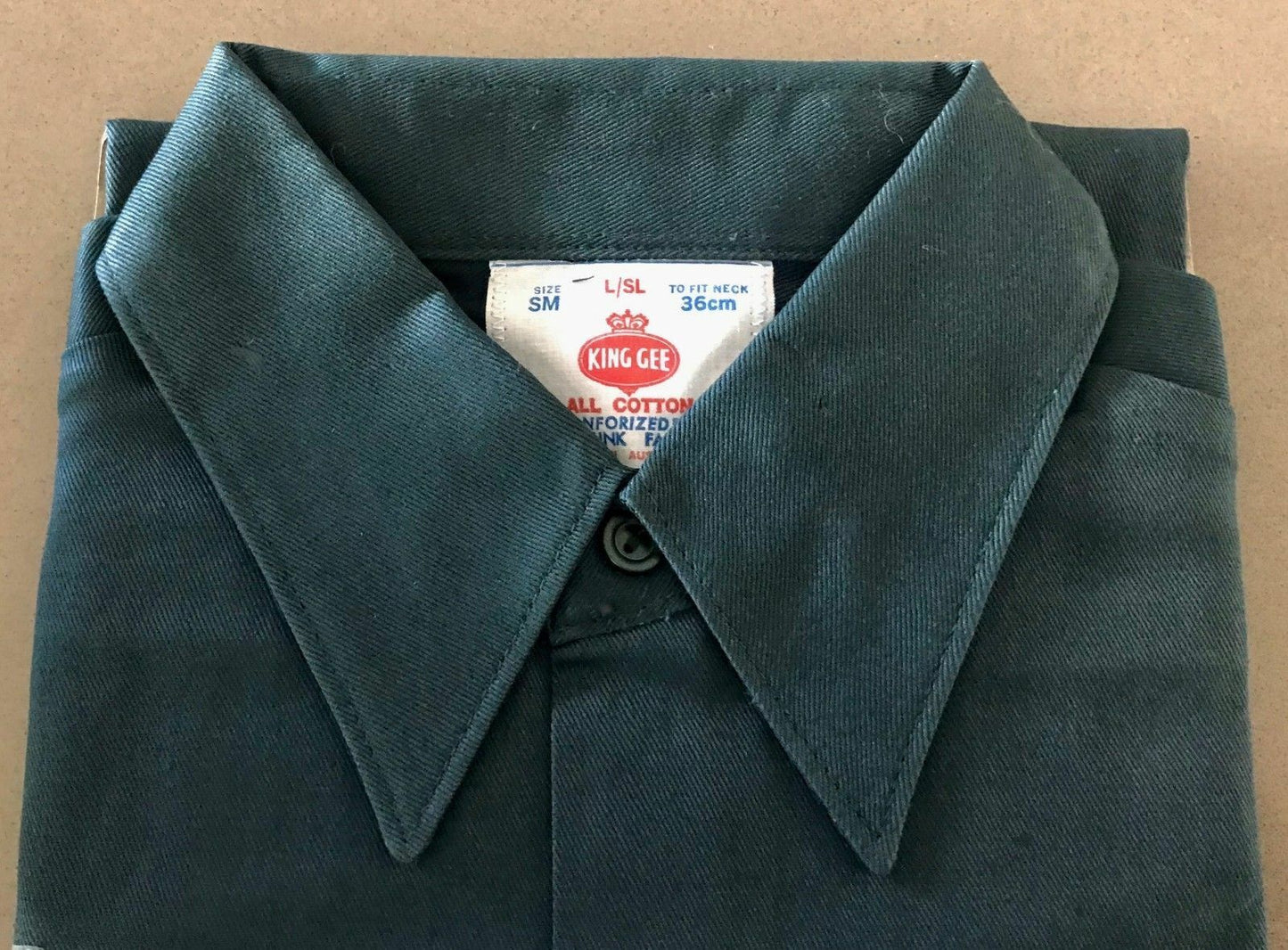 Mens KING GEE Cotton Shirt Dark Green Long Sleeve 36cm Neck Vintage Size S NEW