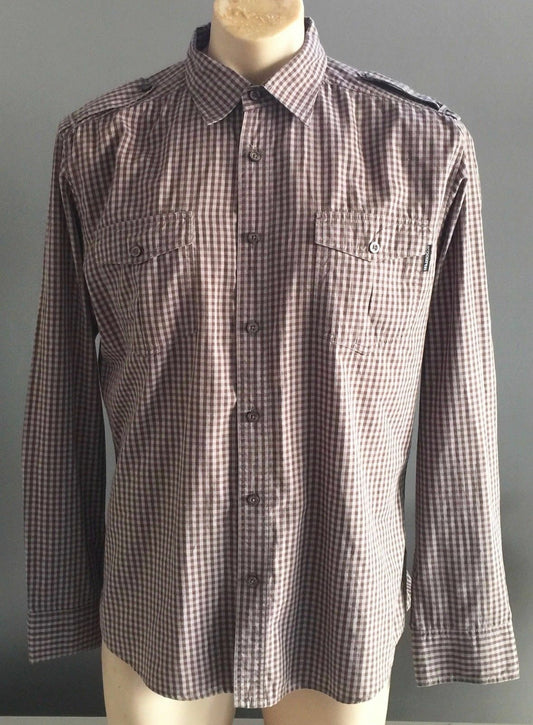 Mens INDUSTRIE Check Shirt Long Sleeve Brown & Taupe Button up Size XL