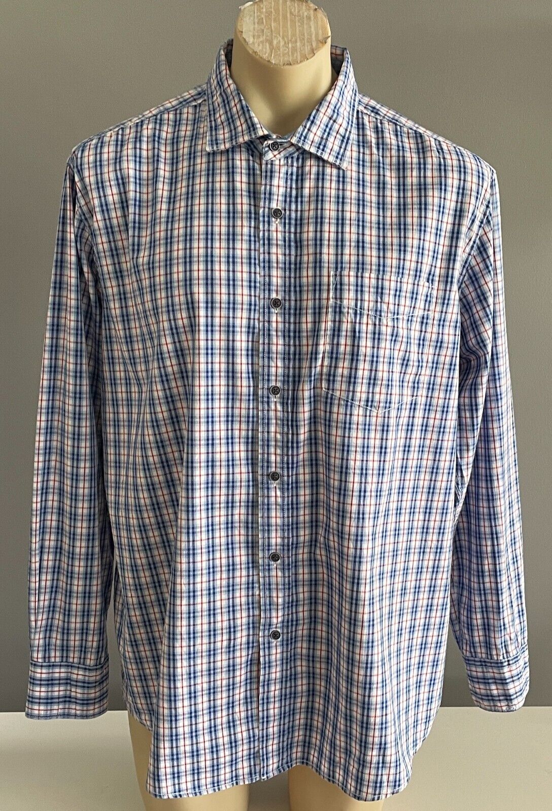 Mens JC LANYON Shirt Blue Red White Check Traditional Fit Long Sleeve Size XL