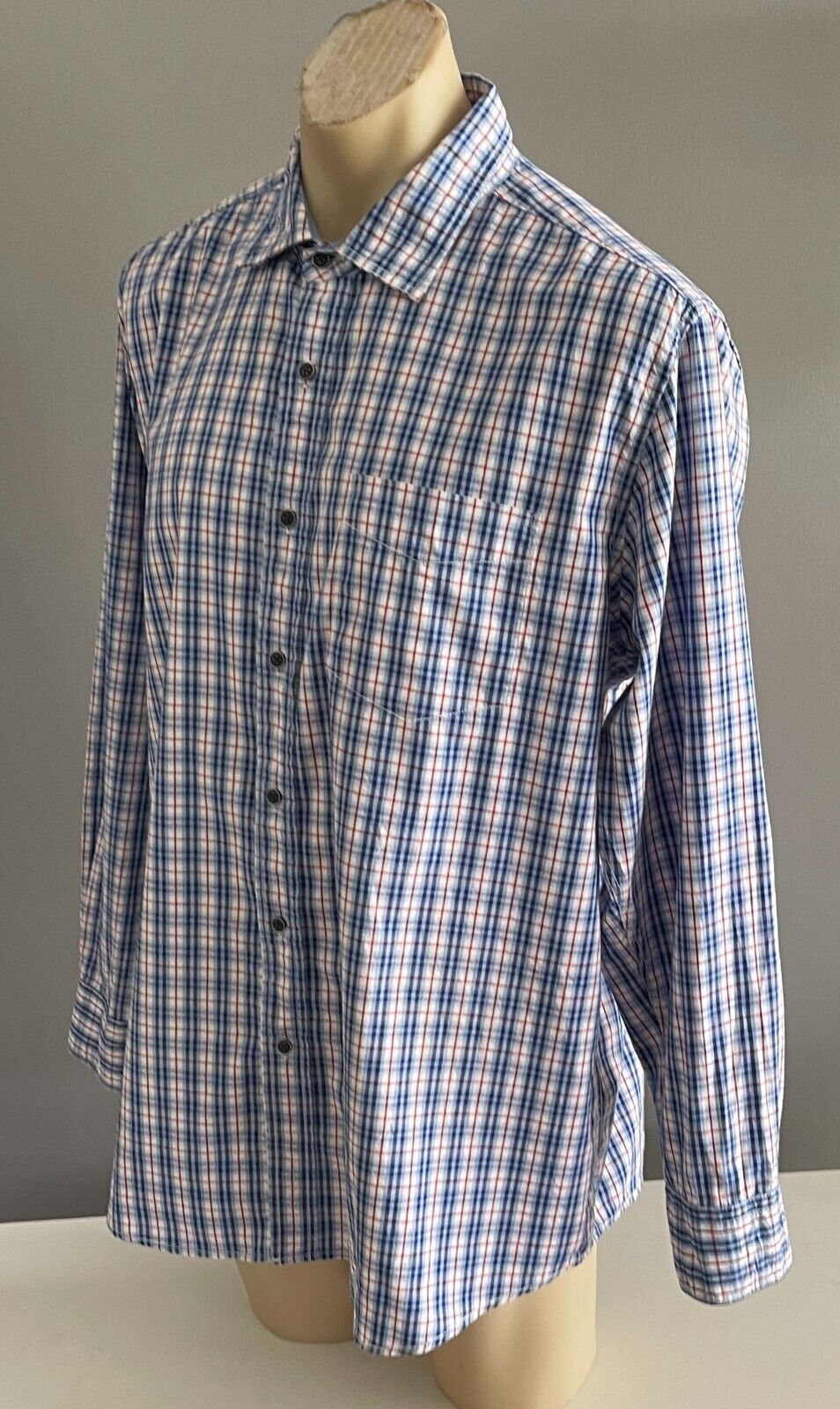 Mens JC LANYON Shirt Blue Red White Check Traditional Fit Long Sleeve Size XL