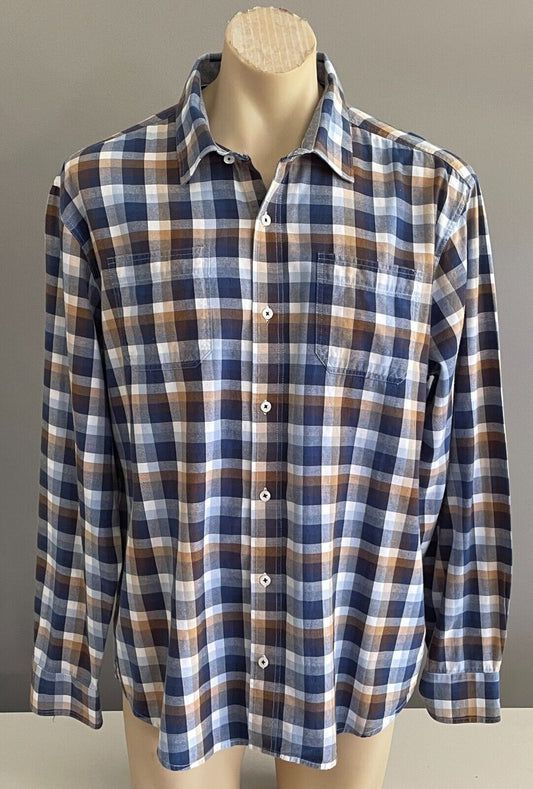 BACK BAY Cotton Shirt Blue Brown White Check Long Sleeve Button Up Mens Size 2XL