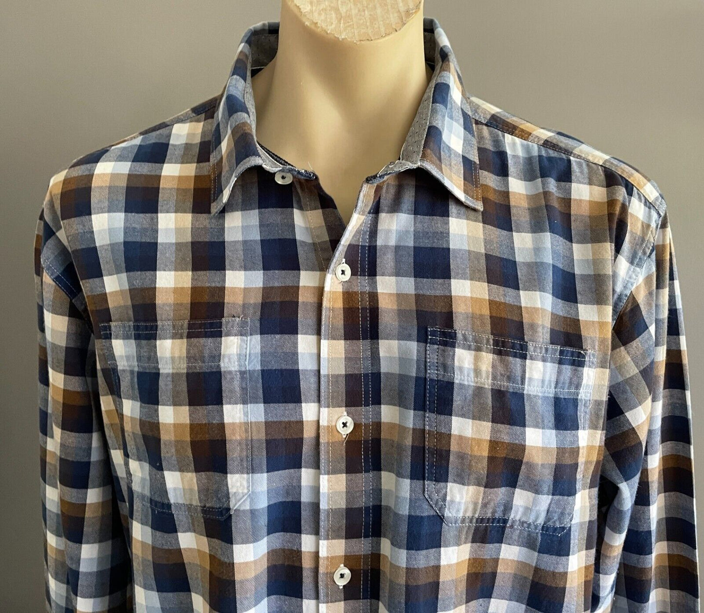 BACK BAY Cotton Shirt Blue Brown White Check Long Sleeve Button Up Mens Size 2XL