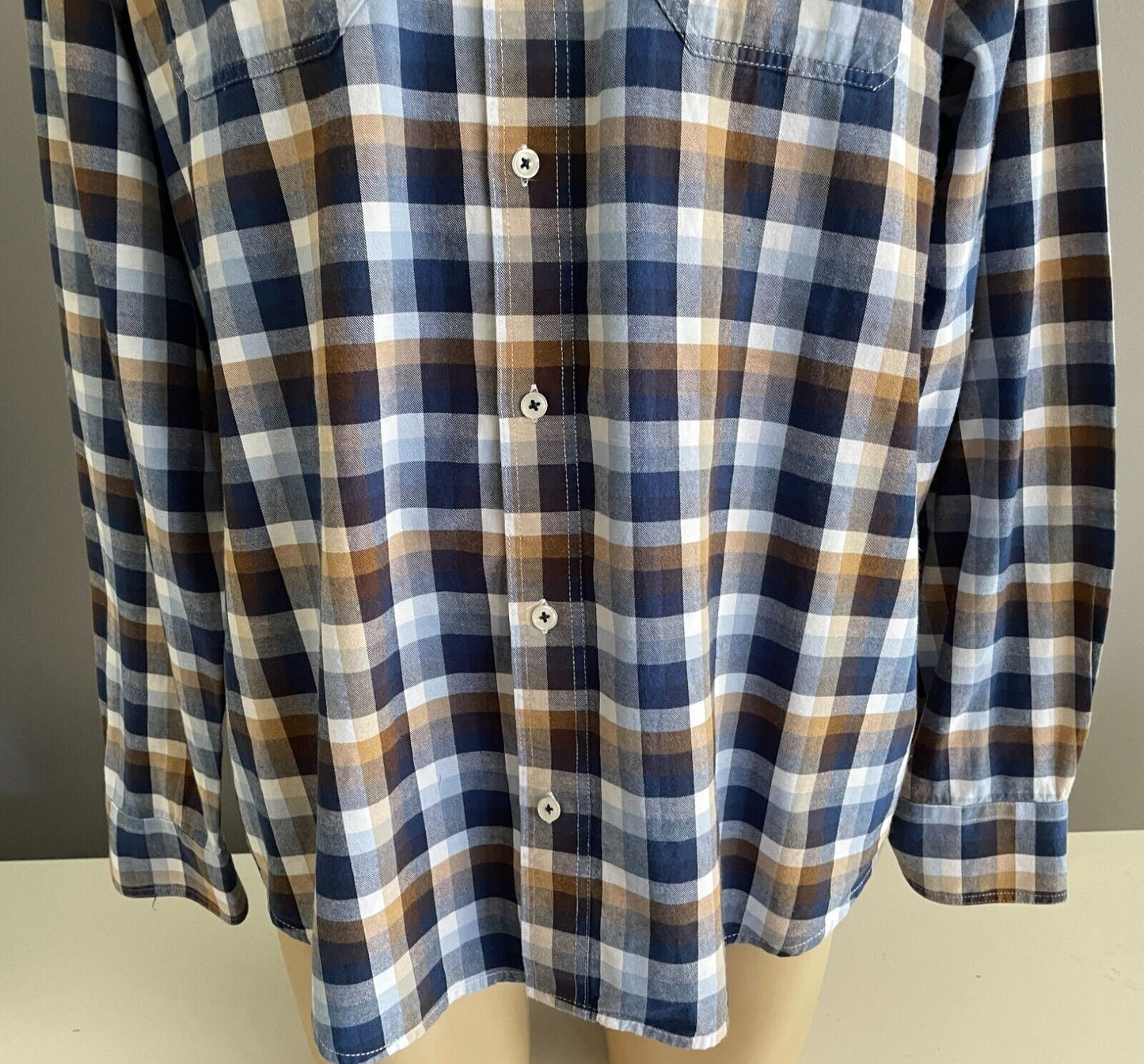 BACK BAY Cotton Shirt Blue Brown White Check Long Sleeve Button Up Mens Size 2XL