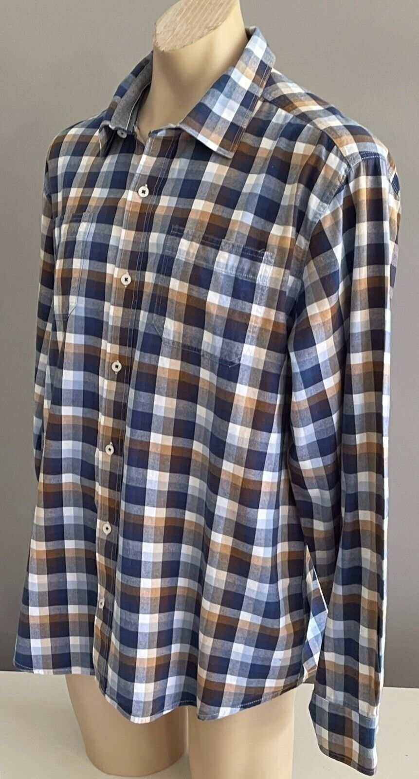BACK BAY Cotton Shirt Blue Brown White Check Long Sleeve Button Up Mens Size 2XL