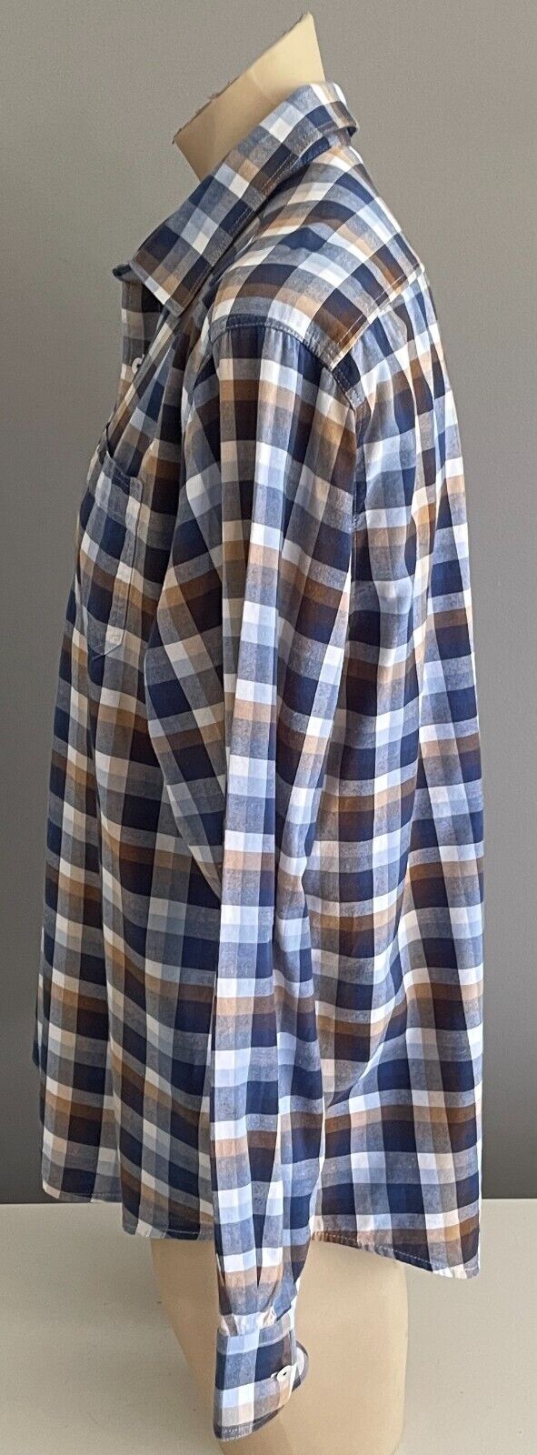 BACK BAY Cotton Shirt Blue Brown White Check Long Sleeve Button Up Mens Size 2XL