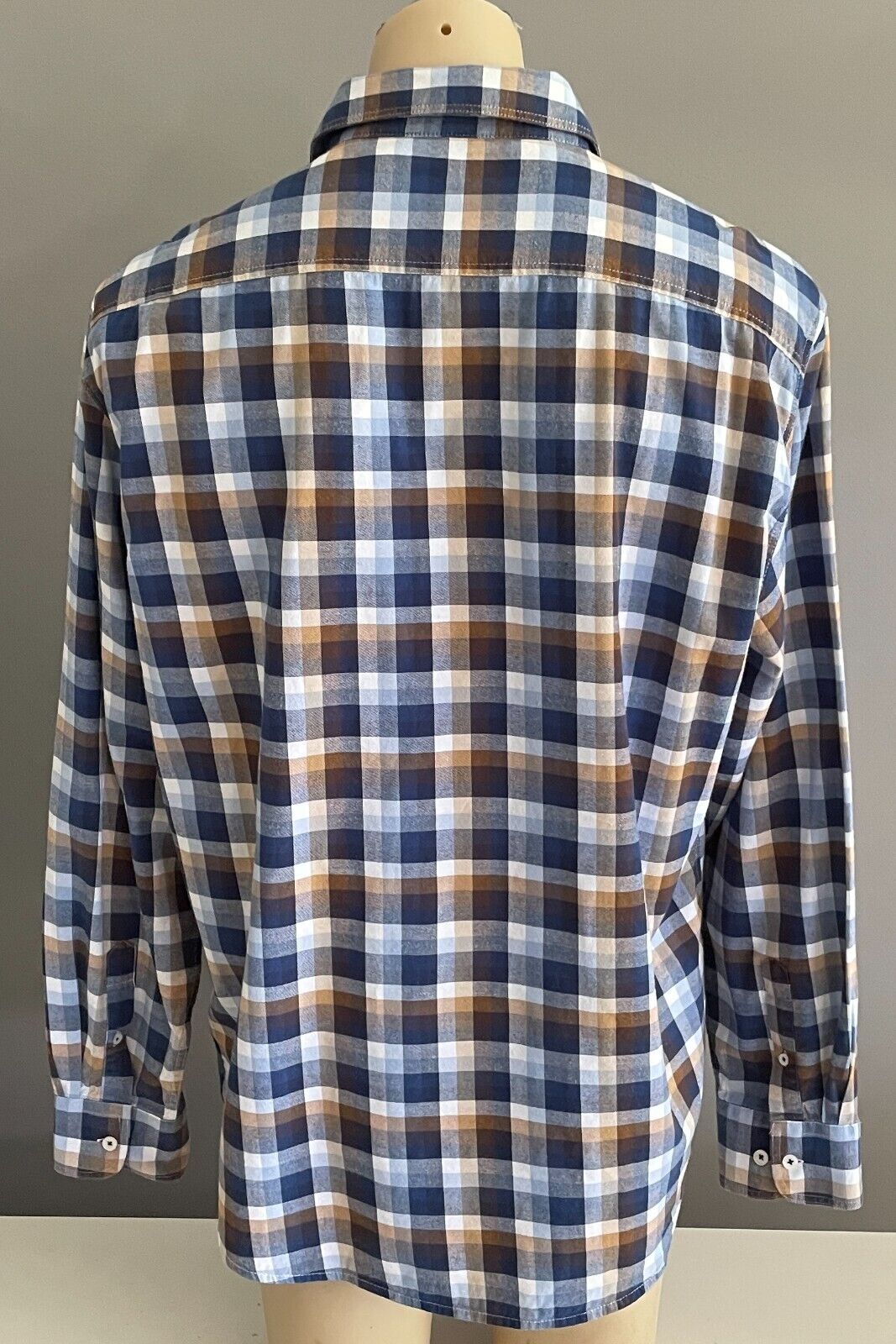 BACK BAY Cotton Shirt Blue Brown White Check Long Sleeve Button Up Mens Size 2XL