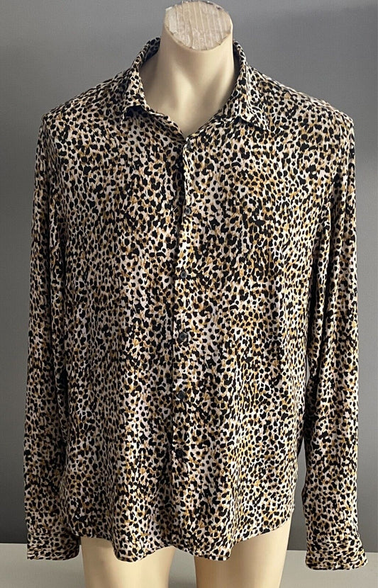 Mens RICKY SINGH Denim & Flowers Cheetah Print Shirt Size XL Button Front