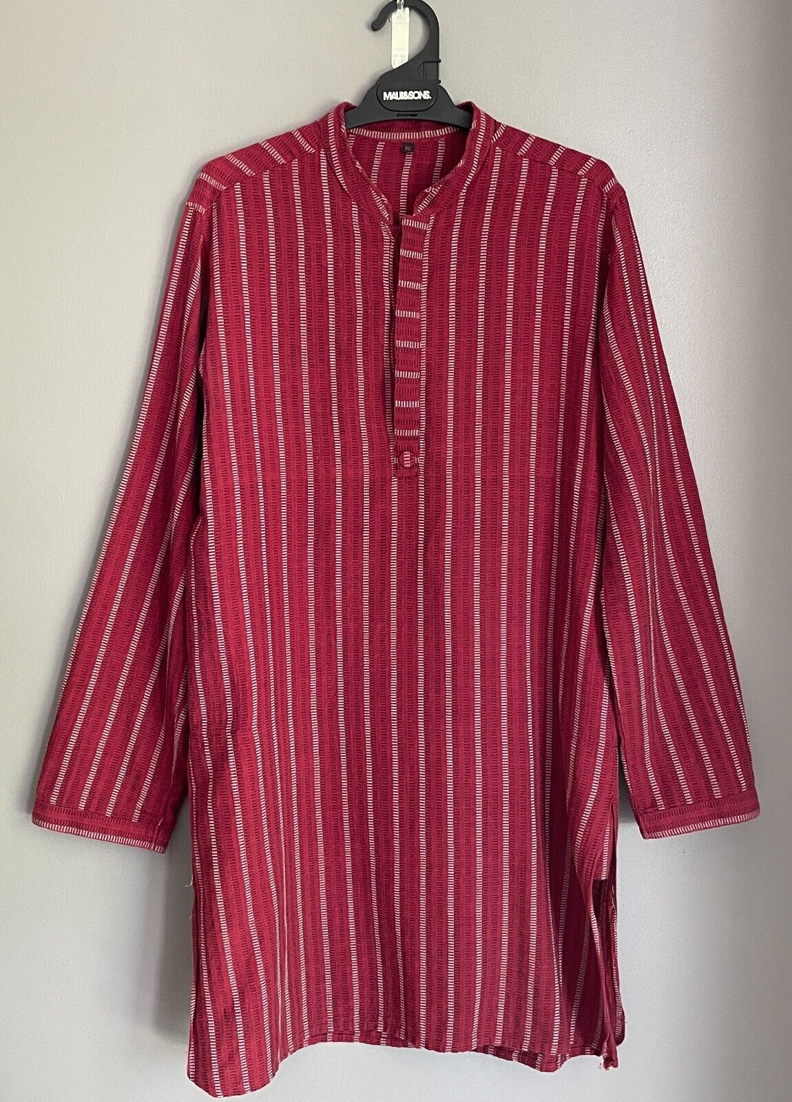Mens AARONG Panjabi Burgundy White Black Striped Cotton Long Sleeve Size 42 M