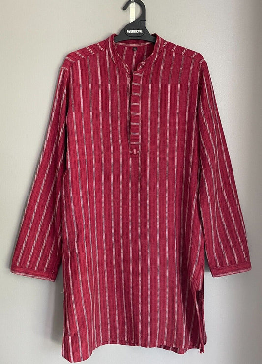 Mens AARONG Panjabi Burgundy White Black Striped Cotton Long Sleeve Size 42 M
