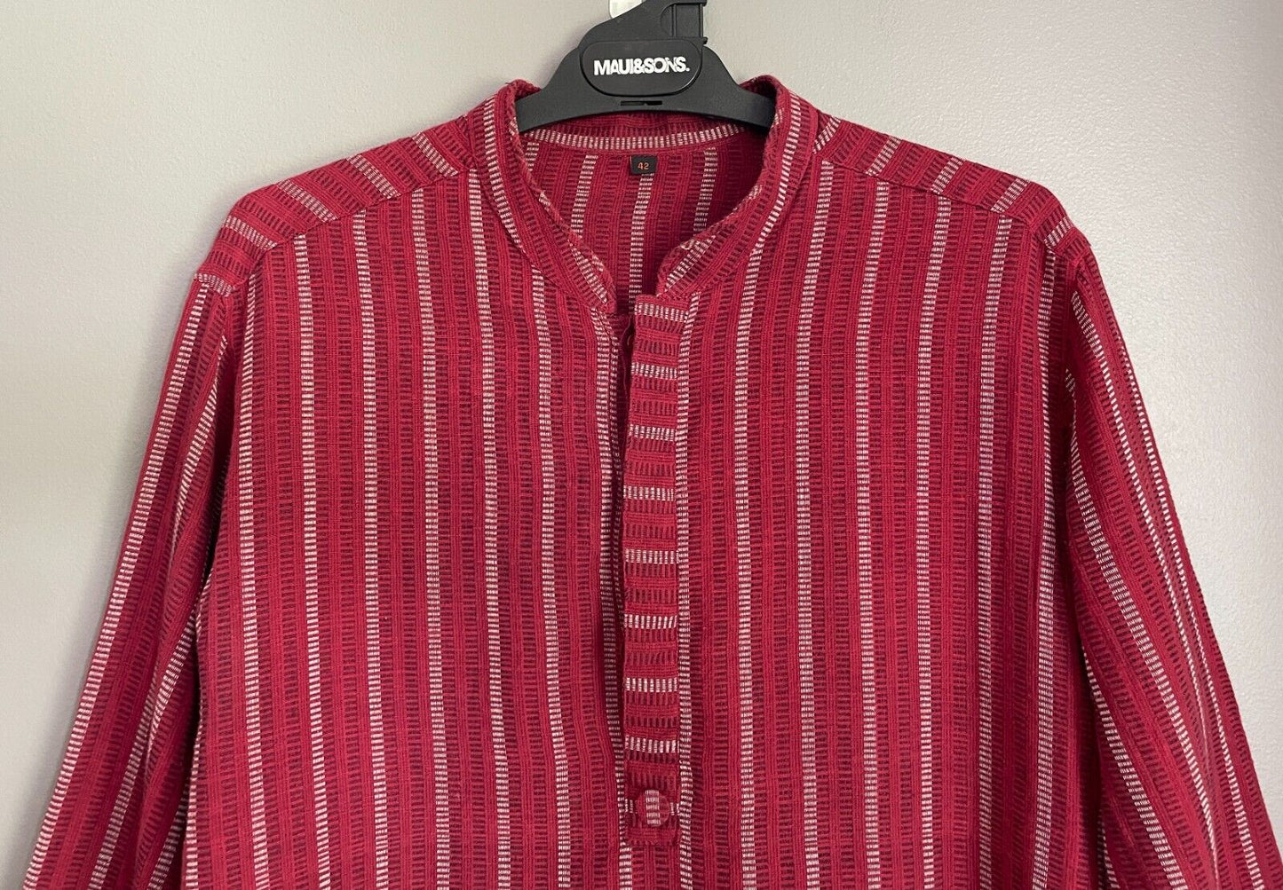 Mens AARONG Panjabi Burgundy White Black Striped Cotton Long Sleeve Size 42 M