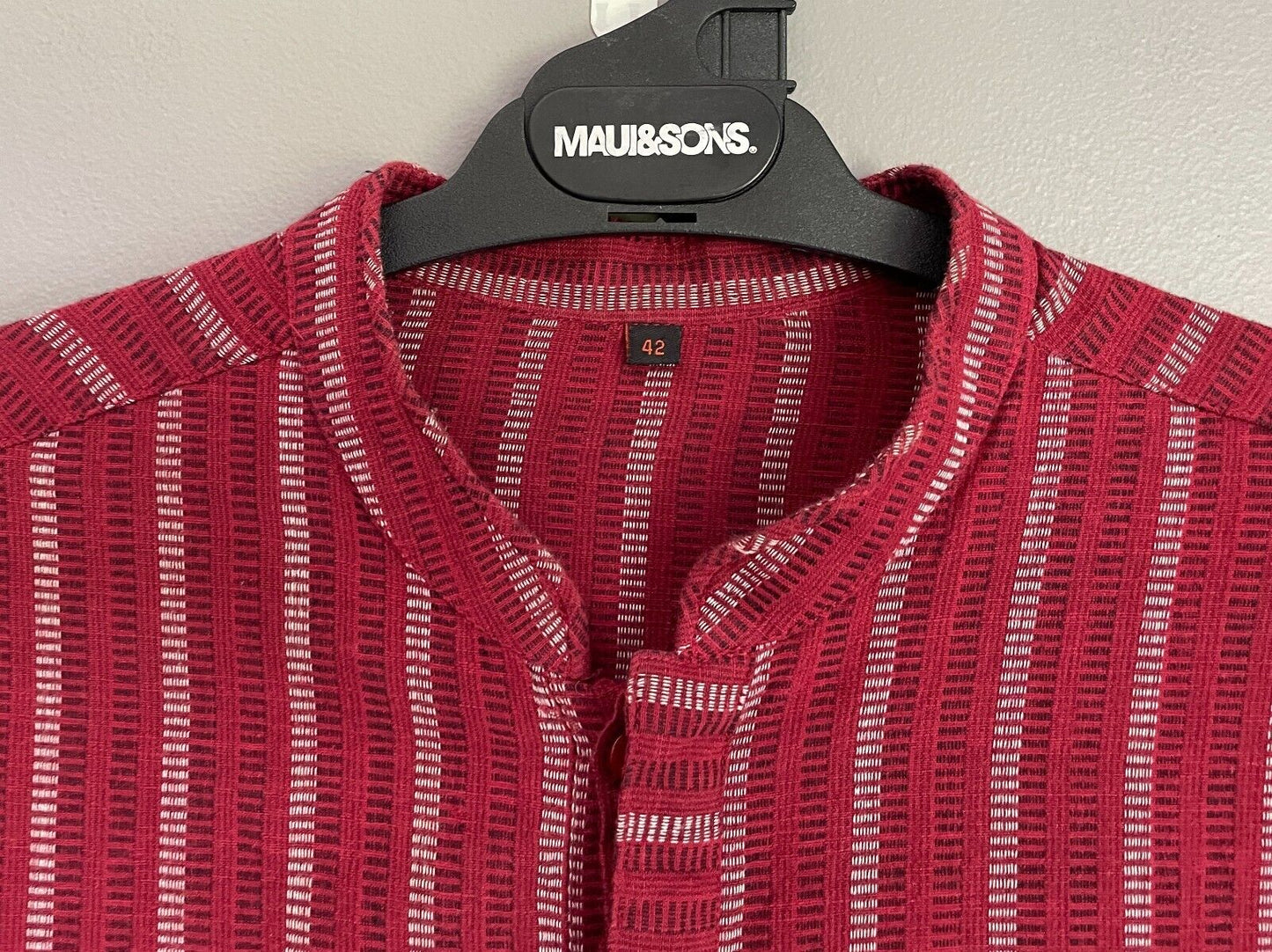 Mens AARONG Panjabi Burgundy White Black Striped Cotton Long Sleeve Size 42 M