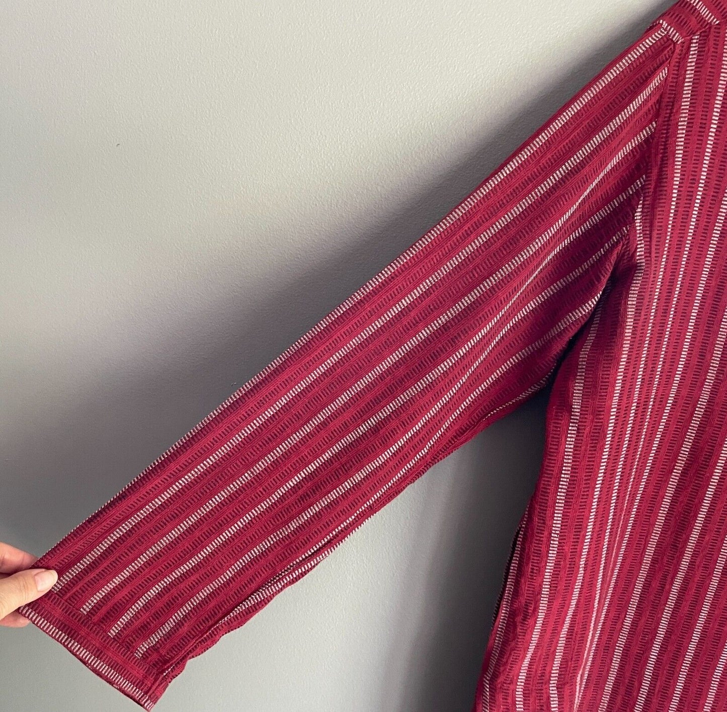 Mens AARONG Panjabi Burgundy White Black Striped Cotton Long Sleeve Size 42 M