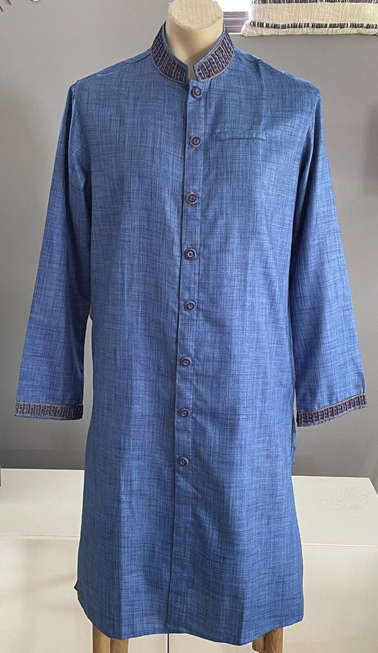 Mens AARONG Panjabi Blue Silk Long Sleeve Button Front Embroidery Beaded Size 44