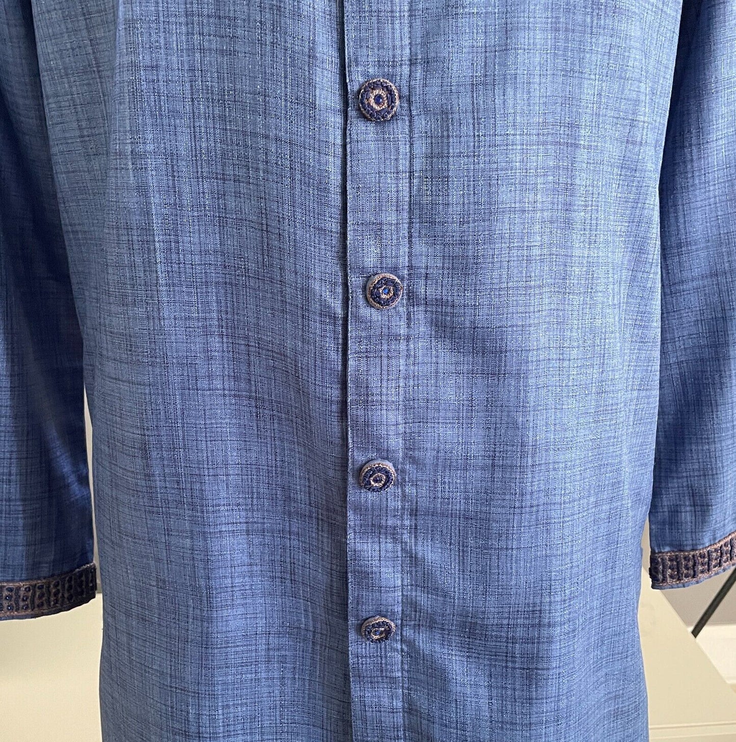 Mens AARONG Panjabi Blue Silk Long Sleeve Button Front Embroidery Beaded Size 44