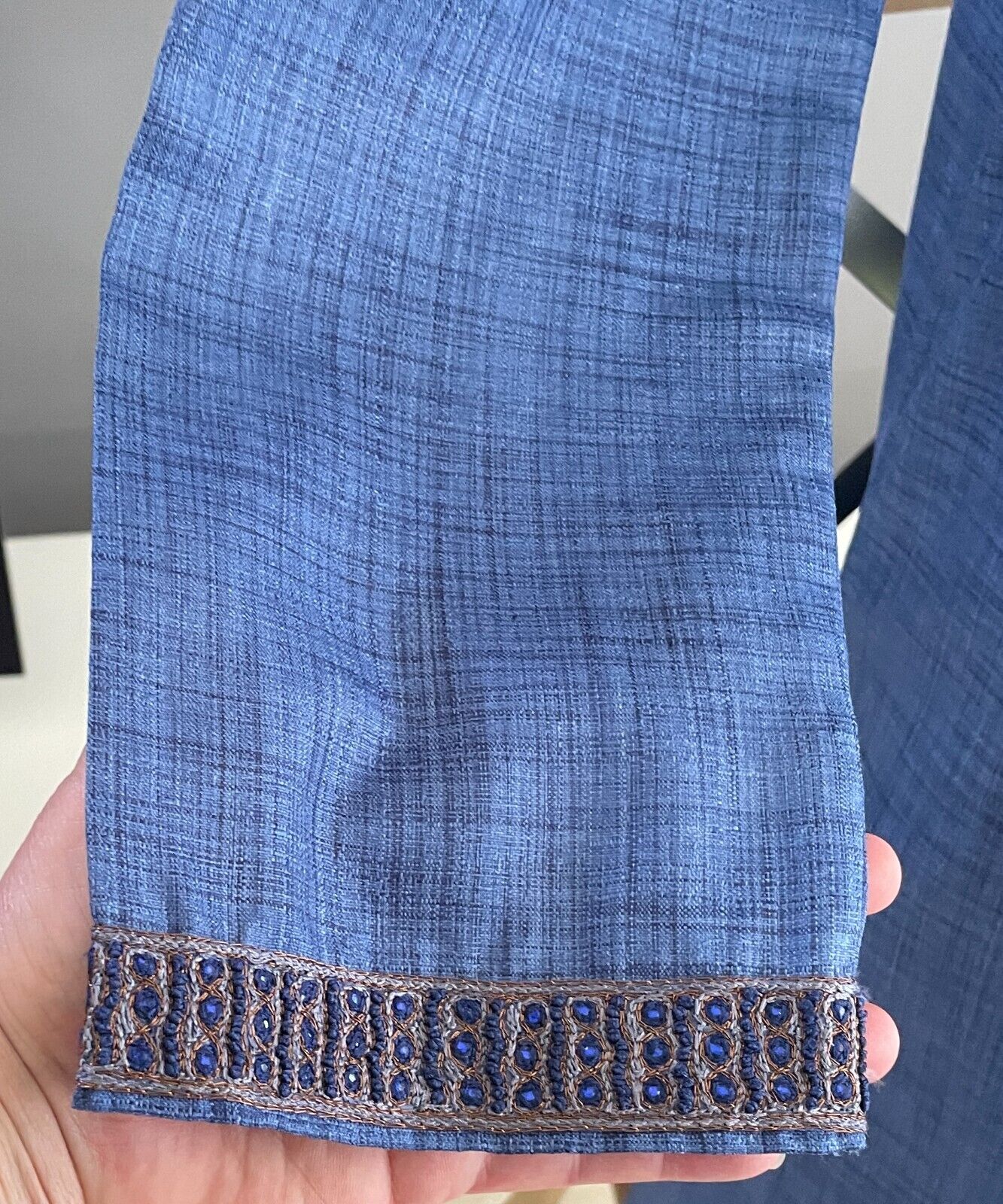 Mens AARONG Panjabi Blue Silk Long Sleeve Button Front Embroidery Beaded Size 44