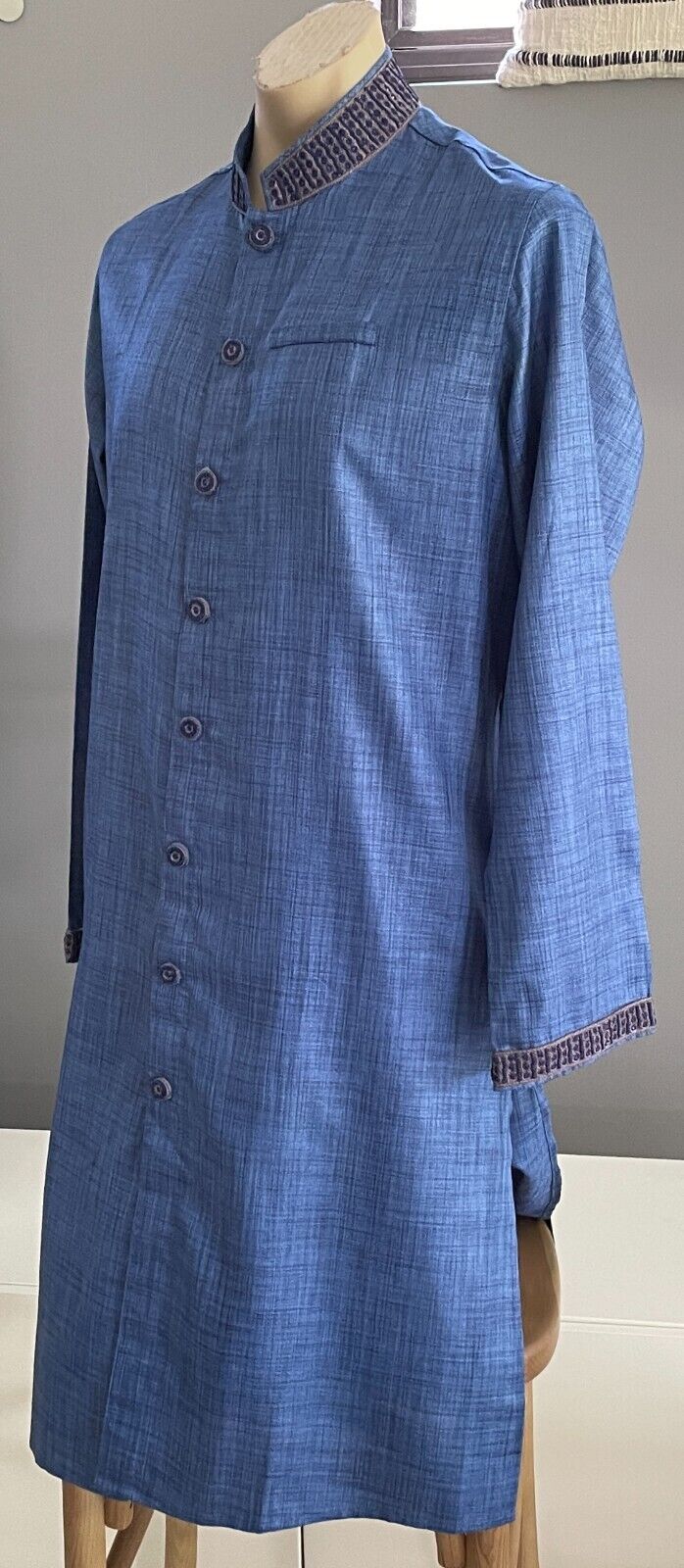 Mens AARONG Panjabi Blue Silk Long Sleeve Button Front Embroidery Beaded Size 44