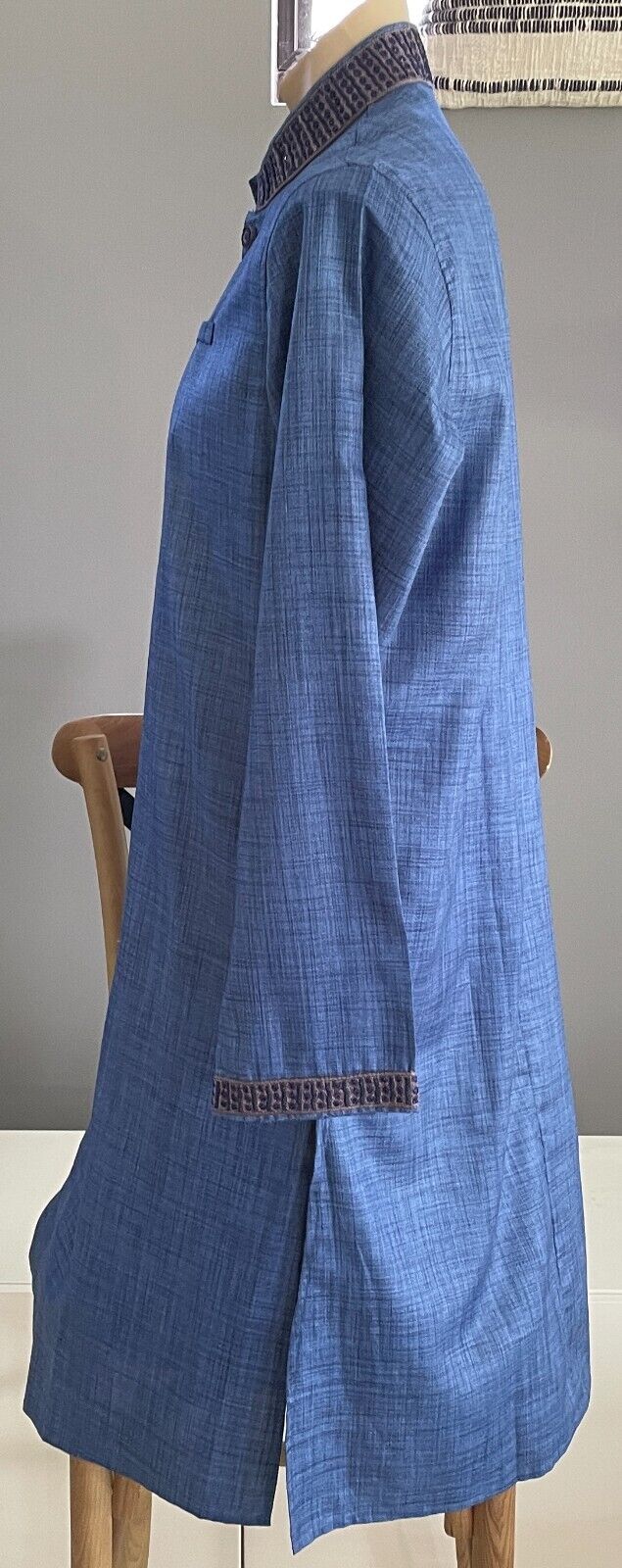 Mens AARONG Panjabi Blue Silk Long Sleeve Button Front Embroidery Beaded Size 44