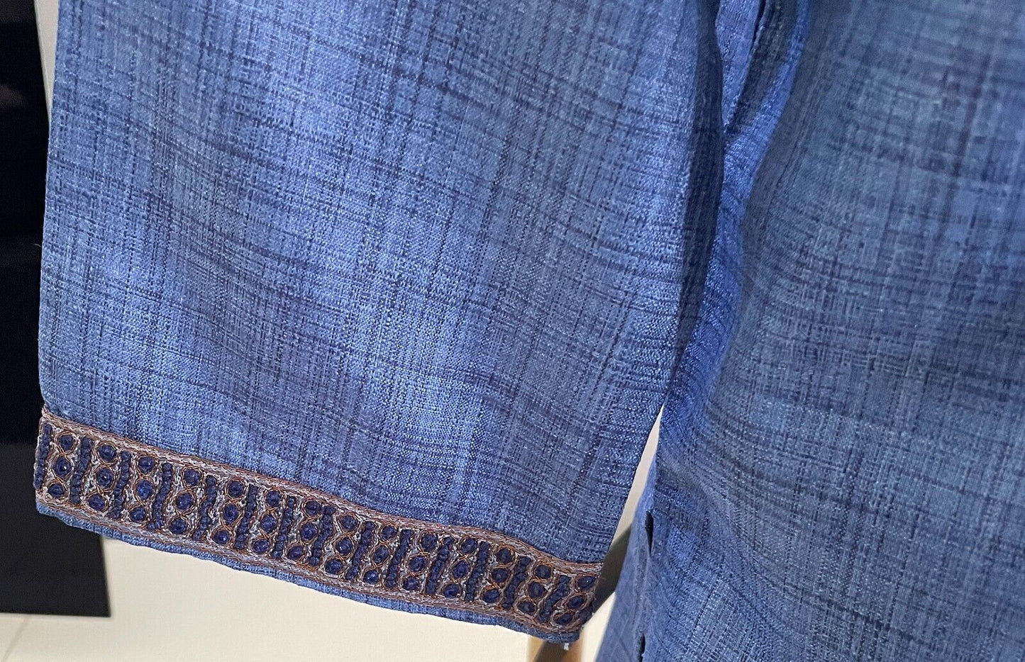 Mens AARONG Panjabi Blue Silk Long Sleeve Button Front Embroidery Beaded Size 44