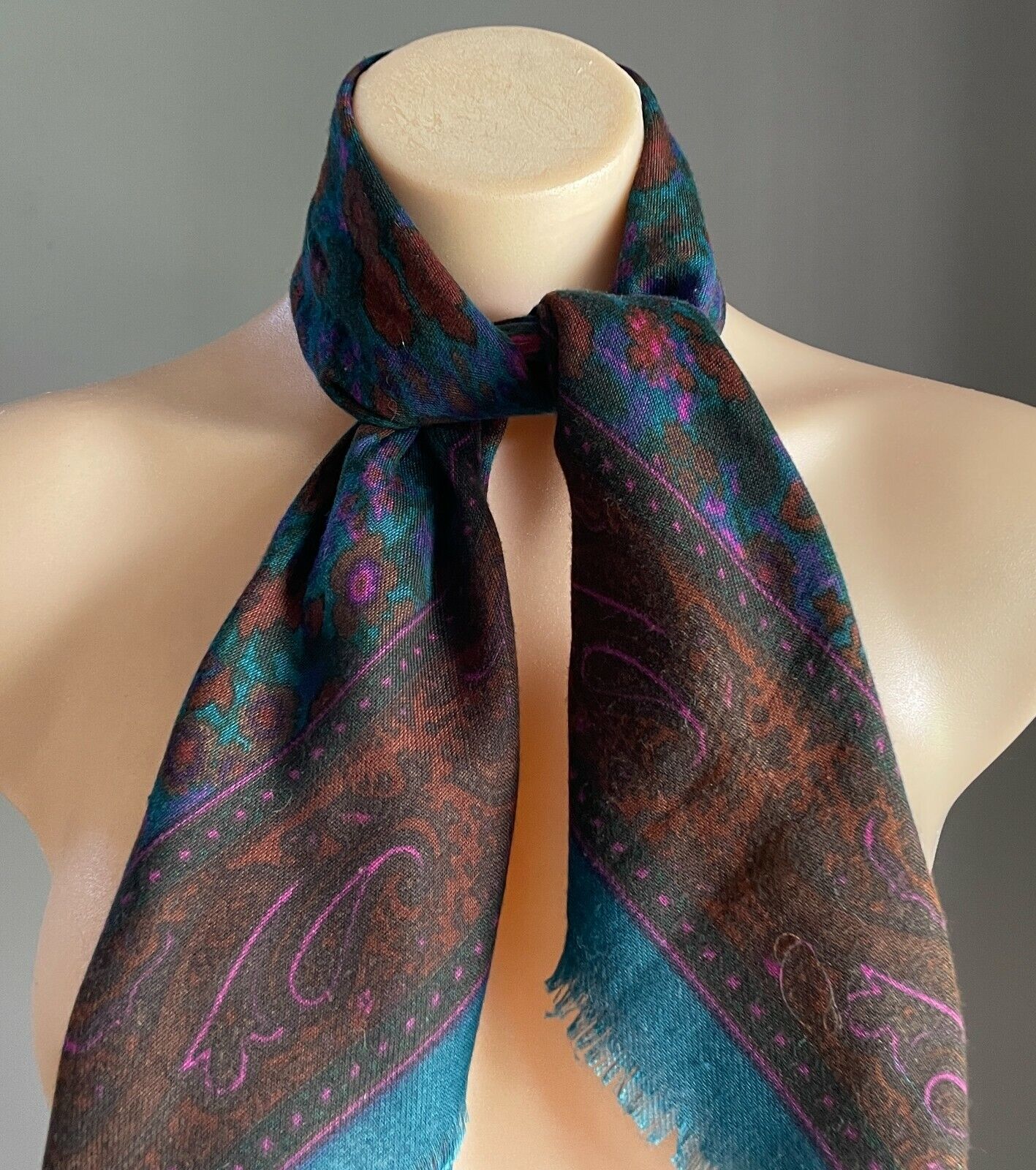 6.5cmx78cm Square Neck SCARF Vintage Maroon Teal Green Pink Floral Paisley Wrap