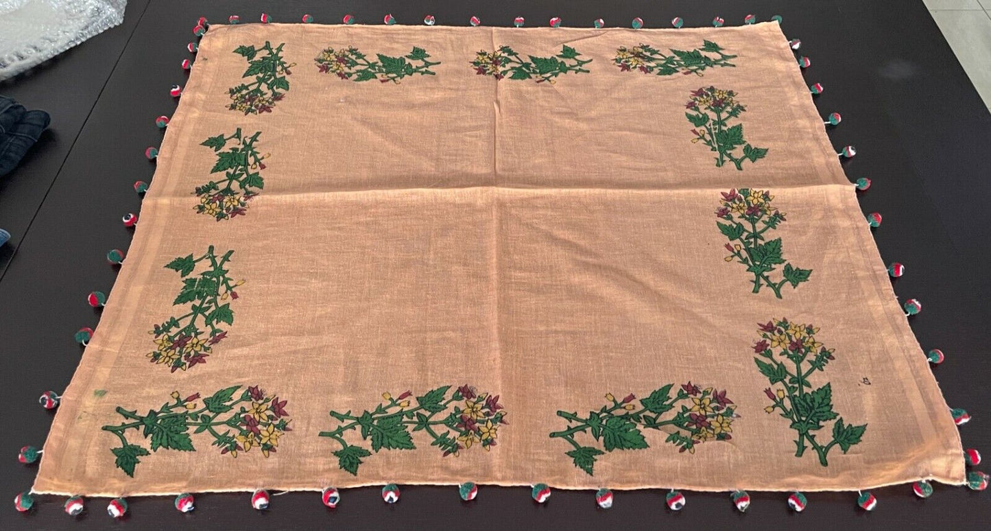 64cm x 72cm Square Neck SCARF Salmon COTTON Floral Print  Pom Poms Stunning